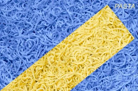 Two-tone background of pasta and inscription 写真素材