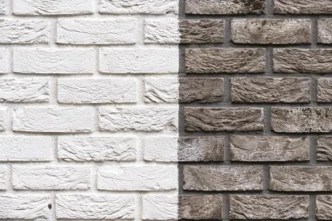 Two tone brick wall texture background contrast of white and dark brown bricks Stock Photos