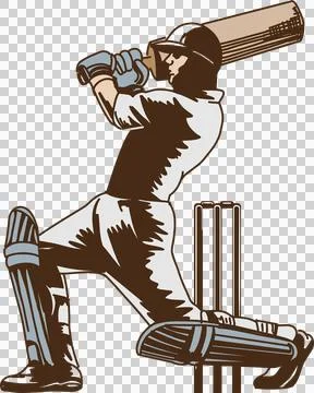 Two-tone flat design cricket batsman is swinging bat across wicket stumps, Stock Illustration