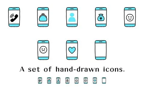 Two-Tone Hand-Drawn Smartphone Icon Set Stock Illustration