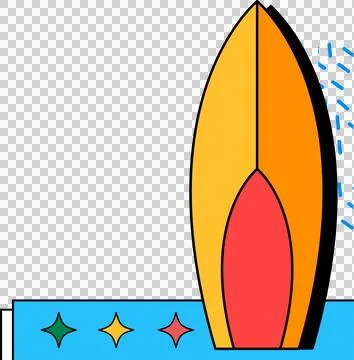 Two-tone vector surfboard is floating on water strip with star and dash shapes, Illustrazione stock