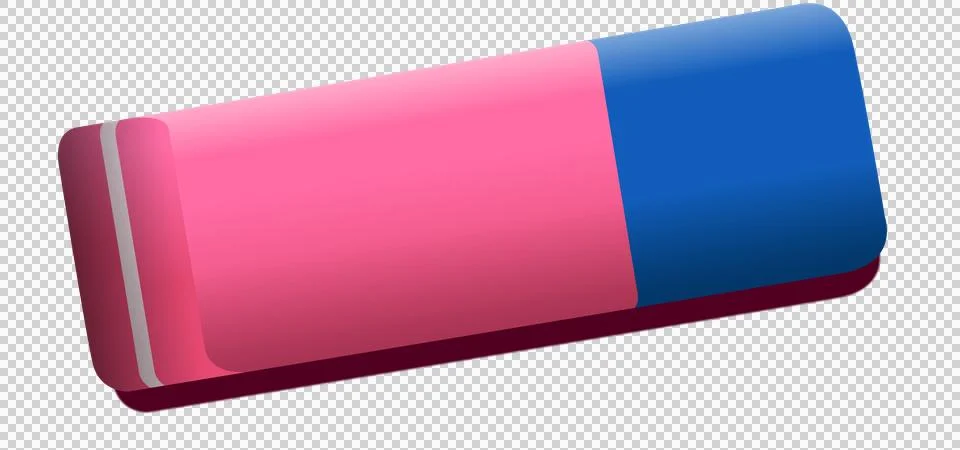 Two-toned eraser is floating in 3D render, showing pink and blue halves on Illustrazione stock