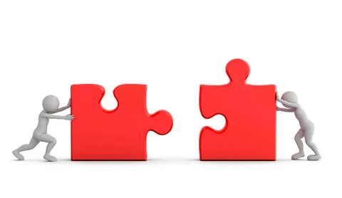 Two toon men connect two puzzle pieces. Concept of business solution, teamwor Stock Illustration