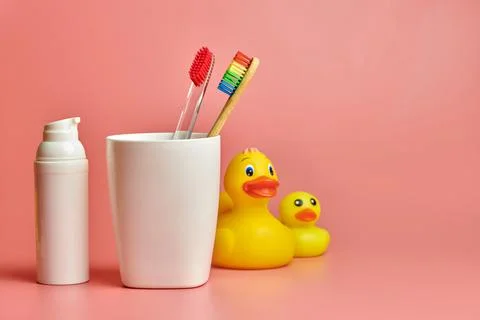 Two toothbrush, copy space. Protect oral cavity and personal care tools for b Stock Photos