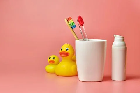Two toothbrush, copy space. Protect oral cavity and personal care tools for b Stock Photos
