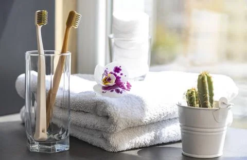 Two toothbrushes on the background of the window in the bathroom. Hygiene care Stock Photos