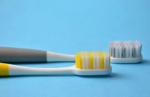 Two toothbrushes on a blue background. Stock Photos