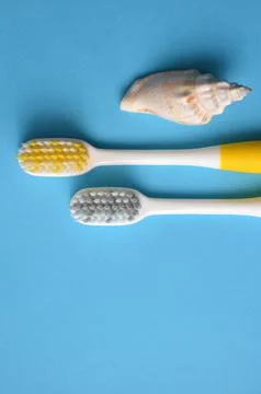 Two toothbrushes on a blue background. Stock Photos