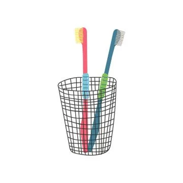 Two Toothbrushes in Metal Cup, Zero Waste Reusable Object, Eco lifestyle Concept Stock Illustration