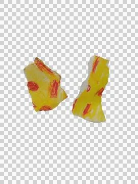 Two torn pieces of yellow patterned adhesive tape isolated on a transparent.. Stockfoto's
