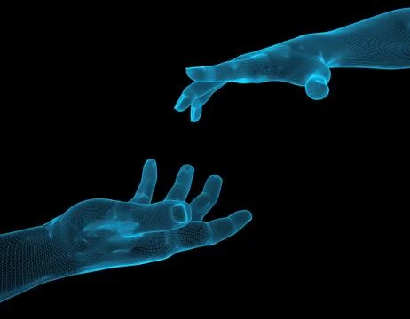 Two touching hands, future technology and artificial intelligence Illustrazione stock