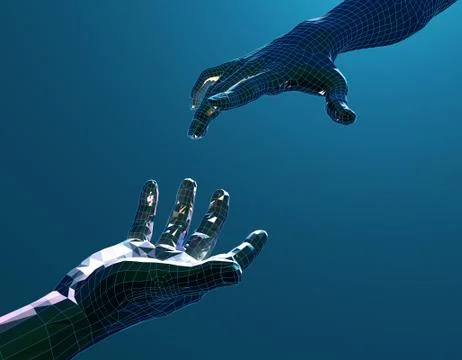Two touching hands, future technology and artificial intelligence Illustrazione stock