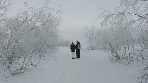 Two tourists stand on a path among the winter forest and discuss something Vídeo Stock 158615089