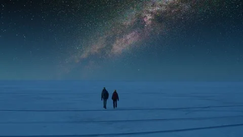 The two tourists walking through the snow field on the starry sky background Stock Footage 189354787