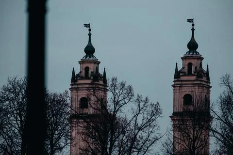 Two towers with flags on the horizon Stock Photos