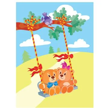 Two toy bears boy and girl swinging on a swing that is tied to a tree branc.. Stock Illustration