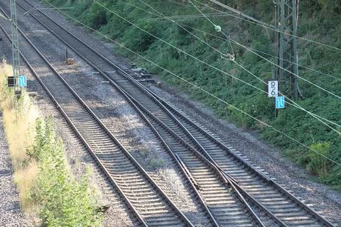 Two tracks railroad with switch Stock Photos
