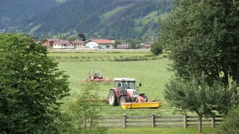 A two tractors in an alpine meadow cut green grass, rakes the grass into rows Stock Footage 158048455