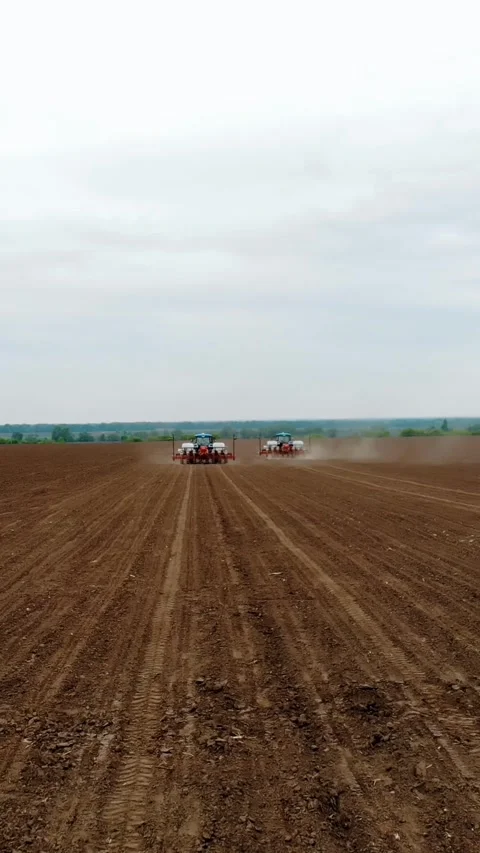 Two tractors in the field with special precision planters, corn is planted, or Stock Footage 310110935