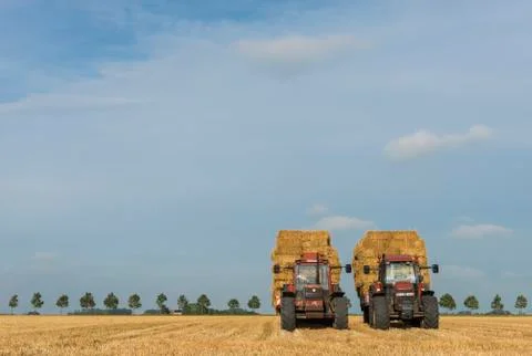 Two tractors on grain field Stock Photos