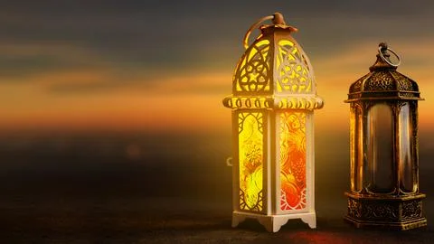 Two traditional Arabic lanterns glowing at dusk against a soft sunset sky. .. Stock Illustration