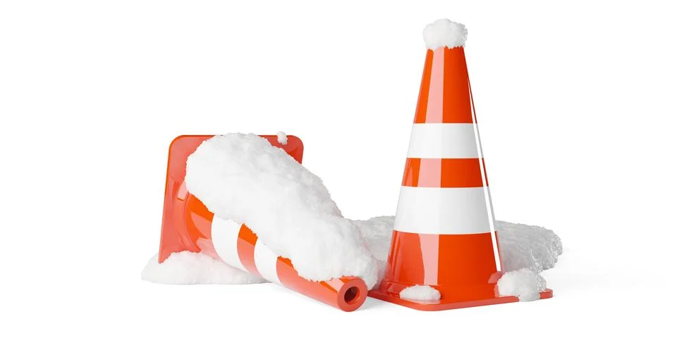 Two traffic cones, one standing, one laying in snow heap over white backgro.. Ilustração Stock
