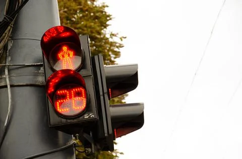 Two traffic lights with red timer. Countdown seconds on traffic light. Stock Photos