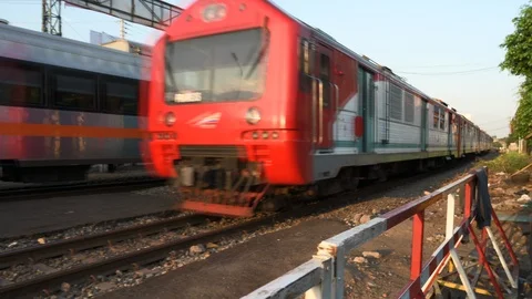 Two train side by side moving Stock Footage 115109100