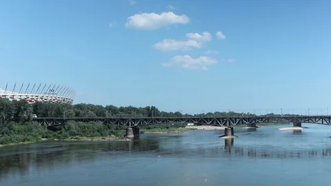 Two Trains Crossing River Stock Footage 92388873