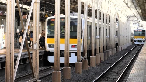 Two trains on the different railroad lanes in Tokyo Japan Stock Footage 121392690