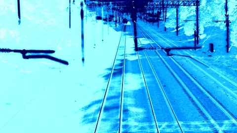 Two Trains Of The Ghost Go On The Top View With The Effect Of Blue World Vidéo 89934975