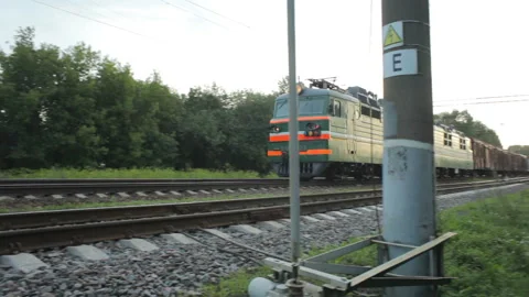 Two trains pass at high speed. Video stock 93429655