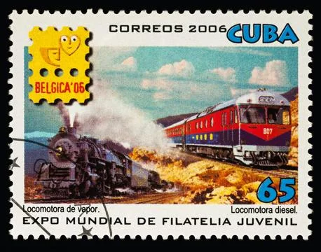 Two trains on postage stamp Stock Photos