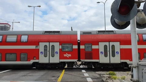 Two trains as they pass each other at speed Video stock 124413984