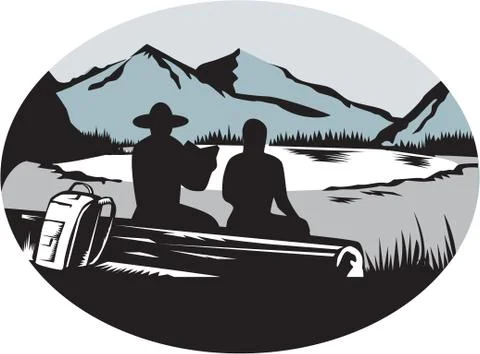Two Trampers Sitting on Log Lake Mountain Oval Woodcut Stock Illustration
