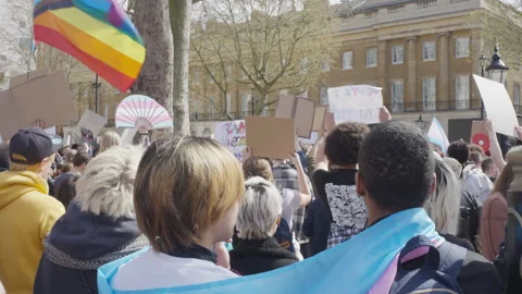 Two trans protestors wrapped in trans flag 動画素材 259687351