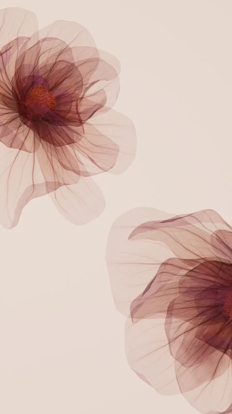 Two translucent burgundy xray style flowers gently opening and unfurling pe.. 스톡 동영상 336087055