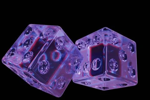 Two translucent dice with iridescent purple, blue, and red highlights float.. Stock Illustration