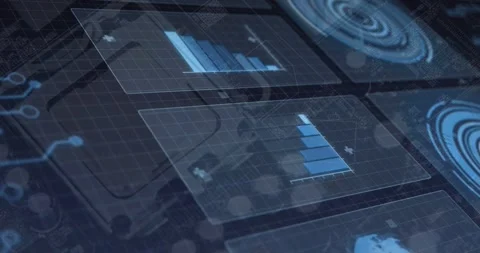 Two translucent holographic panels animating axes then rising blue bar charts to Stock Footage 333949494