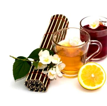 Two transparent glasses of drink of different color Stock Photos