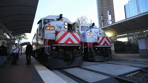 Two TRE trains in station getting ready for drive Video stock 73500644