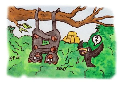 Two tree borne monkeys giving each other Reiki treatment Stock Illustration