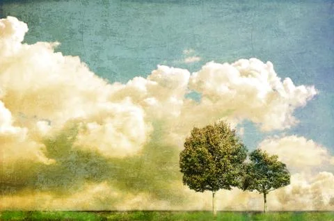 Two trees against cloudy skyline Stock Illustration
