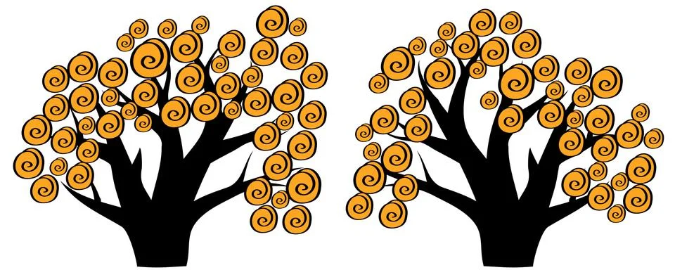Two trees with orange decorative elements, fruits Illustrazione stock
