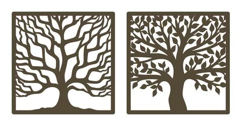 Two trees in a square frame, with and without leaves.  Ilustración de archivo
