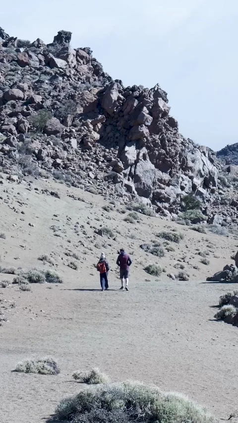 Two trekkers walking on a deserted volcanic path Stock Footage 329865184