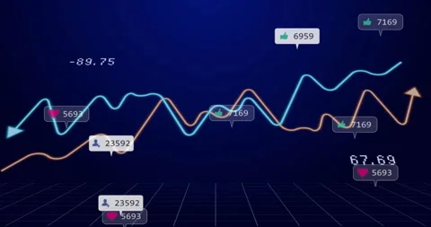 Two trend lines sliding in from sides on 3D grid, flexing and spawning badges Stock Footage 311031786