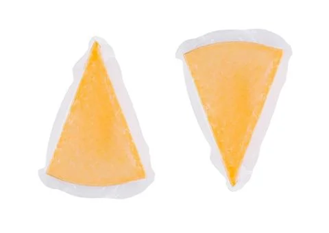 Two triangular slices of cheese wrapped in plastic on white background 스톡 사진