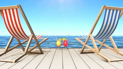 Two tropical drinks and two deckchairs at a seaside Stock Footage 103487889