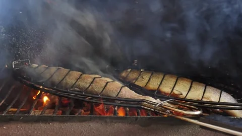 Two trouts being barbecued 스톡 동영상 270916475